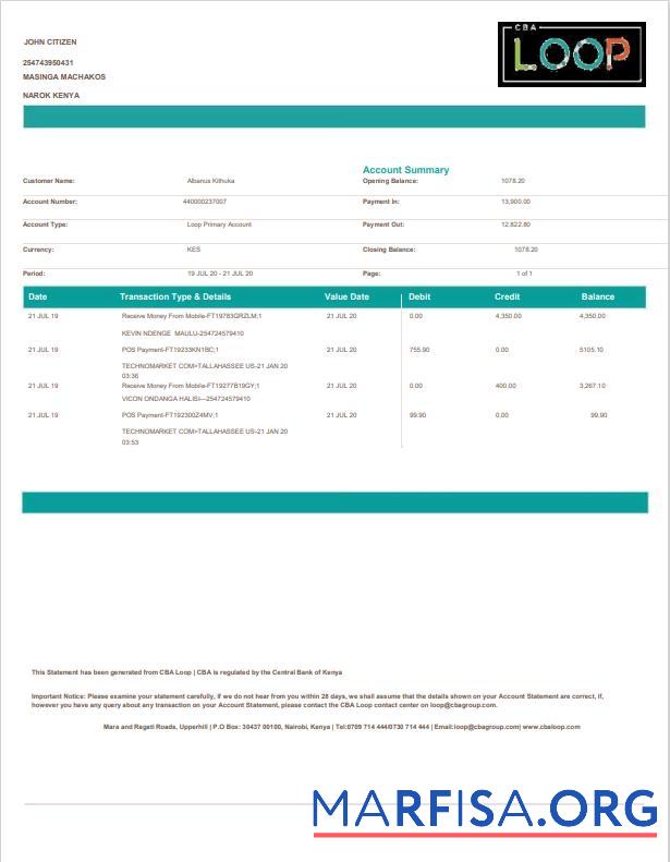 Downloadable Kenya Loop bank statement excel download for verification